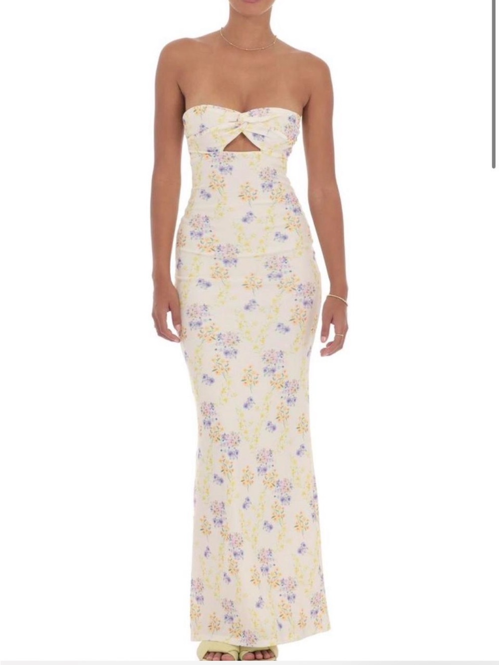 Strapless Floral Cutout Maxi Dress in Cream